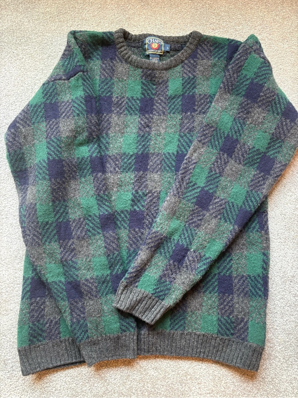 Chaps Crewneck Lambswool Sweater in Green, Navy & Gray Plaid